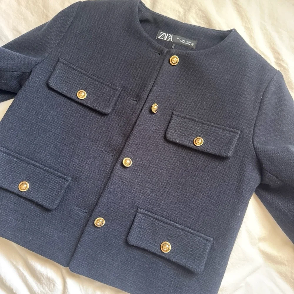 ZARA Navy Boxy Blazer with Gold Buttons